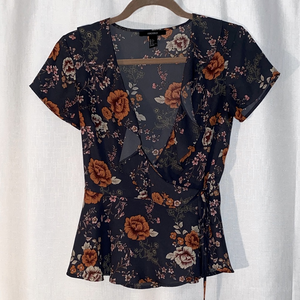 Wrap front floral patterned shirt